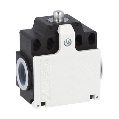Limit switch, K series, top push rod plunger, 2 side cable entry. Dimensions compatible to EN 50047, plastic body, contacts 1NO+1NC slow action. Metal plunger