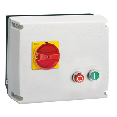 Star-delta starter, enclosed starter, with switch disconnector, rotary door coupling handle GAX61 and START and STOP/RESET buttons. Starting time up to 12 seconds and a maximum of 30 operations/hour, max IEC operating current 22A. Coil voltage 400VAC 50/60Hz