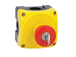 Yellow control station LPZP1A5 complete with mushroom pushbutton turn-key-to-release LPCB6844 1NO+1NC
