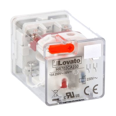 8-PIN Industrial relay with LED state indicator and mechanical actuator, 230VAC, 10A, 2 C/O contacts, fitting on socket HR7XS1
