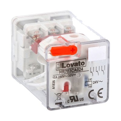 11-PIN Industrial relay with LED state indicator and mechanical actuator, 24VAC, 10A, 3 C/O contacts, fitting on socket HR7XS2