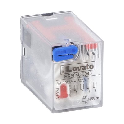 Industrial relay with LED state indicator and mechanical actuator, 48VDC, 5A, 4 C/O contact. Fitting on socket HR6XS4...