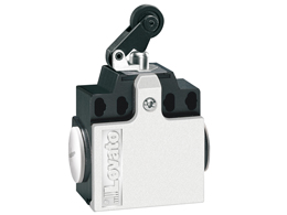 Limit switch, K series, roller centre push lever, 2 side cable entry. Dimensions compatible to EN 50047, plastic body, contacts 1NO+1NC slow action. Metal roller