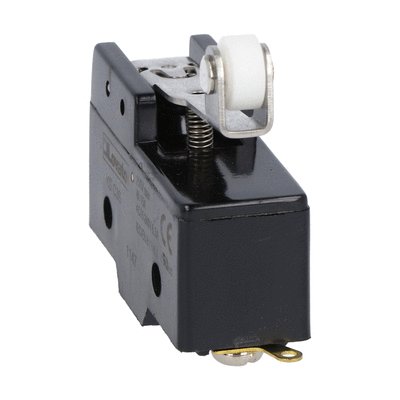 Plastic micro switch, K series, roller centre push lever. 38mm/1.5in long lever. Contacts 1NO/NC. Solder terminals