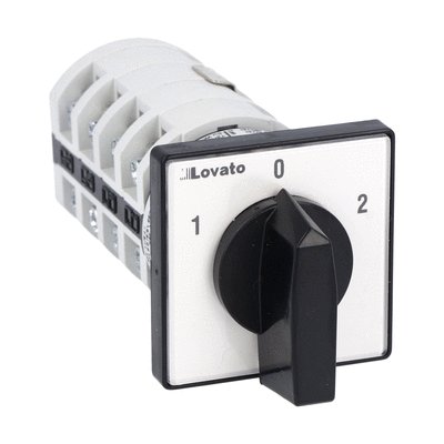 Rotary cam switch 7GN series, Dahlander motor control switch 1-0-2, 25A, for front mounting with black handle, front plate 48X48mm