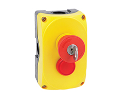 Yellow control station LPZP2A5 complete with mushroom pushbutton turn-key-to-release LPCB6844 1NO+1NC and red pilot light 24V