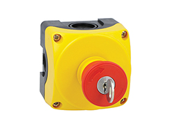 Yellow control station LPZP1A5 complete with mushroom pushbutton turn-key-to-release LPCB6844 2NC
