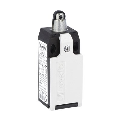 Limit switch, K series, top roller push plunger, 1 bottom cable entry. Dimensions to EN 50047, plastic body, contacts 1NO+1NC slow action. Plastic roller