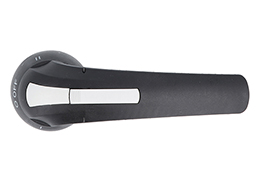 Door-coupling lever handle, padlockable. Black rotating type with screw fixing on door, pistol grip, 65mm/2.6”; □7mm/0.3”. IEC IP66