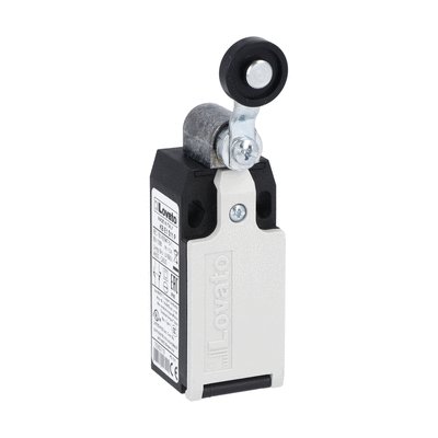 Limit switch, K series, roller lever plunger, 1 bottom cable entry. Dimensions to EN 50047, plastic body, contacts 1NO+2NC slow action. Plastic roller