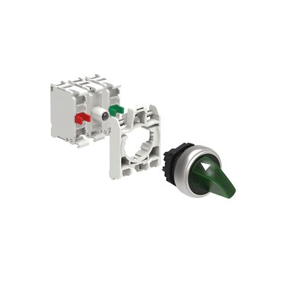 KIT plastic illuminated selector switch actuator, 2 position, 0 1. Green with mounting adapter and 2 contact elements, 1NO+1NC. Screw termination. LED integrated lamp-holder, steady light, 185...265VAC