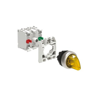 KIT plastic illuminated selector switch actuator, 3 position, 1 0 2. Yellow with mounting adapter and 2 contact elements, 1NO+1NC. Screw termination. LED integrated lamp-holder, steady light, 12...30VAC/DC