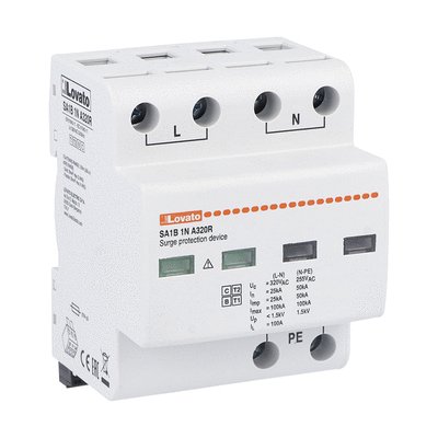 Surge protection device type 1, 2 and 3 monoblock, IEC impulse current Iimp (10/350μs) 25kA per pole, 1P+N. With remote contact