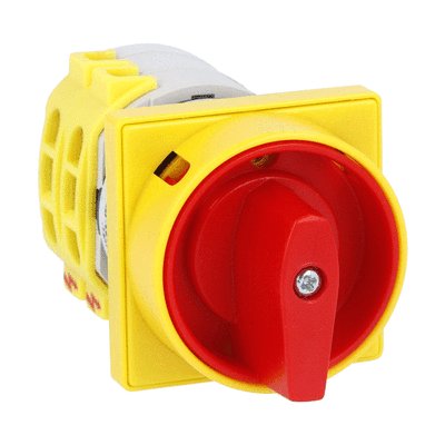 Rotary cam switch 7GN series, ON-OFF switch 3 poles 25A, for front mounting with red/yellow handle padlockable in 0 and protection covers, front plate 65X65mm