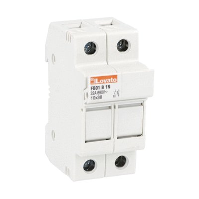 Fuse holder, for 10X38mm fuses. 32A rated current at 690VAC, 1P+N. Without status indicator. 2 modules