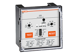 Earth leakage relay with 2 operatin thresholds, flush-mount. External CT. Fail safe. Flag indicator, 110VAC-240VAC-415VAC