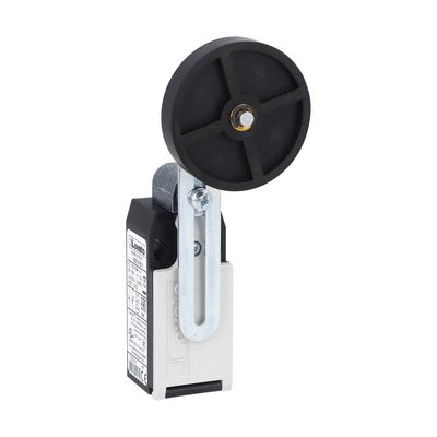Limit switch, K series, adjustable roller lever, 1 bottom cable entry. Dimensions to EN 50047, plastic body, contacts 1NO+2NC slow action. Rubber roller with offset alignment