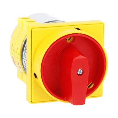 Rotary cam switch 7GN series, ON-OFF switch 4 poles 32A, for front mounting with red/yellow handle padlockable in 0 and protection covers, front plate 65X65mm