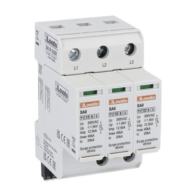 Surge protection device type 1 and 2 with plug-in cartridge, IEC impulse current Iimp (10/350μs) 12.5kA per pole, 3P. With remote contact