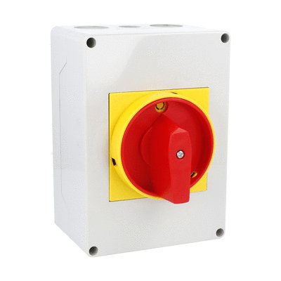 Enclosed rotary cam switch 7GN series, ON-OFF switch 3 poles 63A in plastic enclosure 125X175mm with red/yellow handle