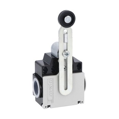 Limit switch, K series, adjustable roller lever, 2 side cable entry. Dimensions compatible to EN 50047, plastic body, contacts 2NO slow action. Plastic roller
