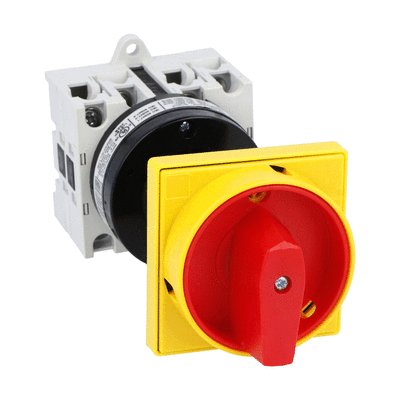 Rotary cam switch GX series, ON-OFF switch 4 poles 32A, for rear mounting with red/yellow handle padlockable in 0, door coupling and protection covers, front plate 65X65mm