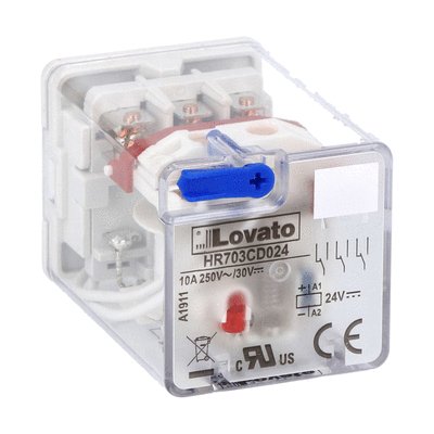 11-PIN Industrial relay with LED state indicator and mechanical actuator, 24VDC, 10A, 3 C/O contacts, fitting on socket HR7XS2