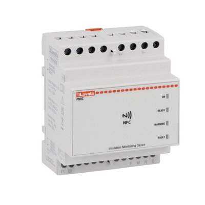 Insulation monitoring device for DC electric vehicle charging stations. Single channel, without display, with NFC. Maximum monitored voltage 1200VDC, auxiliary supply voltage 12-24VDC