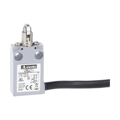 Prewired with 2m long cable metal limit switch, K series, top roller push plunger. Contacts 1NO+1NC slow action. Roller operation perpendicular to switch body
