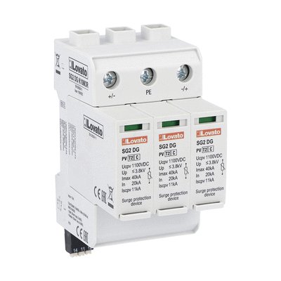 Surge protection device type 2 for photovoltaic applications with plug-in cartridge, Ucpv 1100VDC, +, -, PE. With remote contact