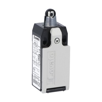 Limit switch, K series, top roller push plunger, 1 bottom cable entry. Dimensions to EN 50047, metal body, contacts 1NO+1NC snap action. Plastic roller