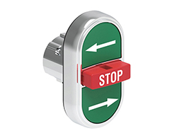 Triple-touch actuator, spring return Ø22mm Platinum series metal, 2 external flush and 1 middle extended pushbuttons. Spring return, → - STOP - ←
