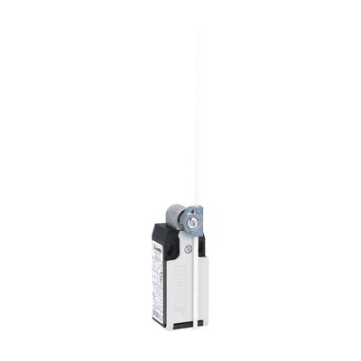 Limit switch, K series, adjustable roller lever, 1 bottom cable entry. Dimensions to EN 50047, plastic body, contacts 1NO+1NC slow action make before break. Plastic rod