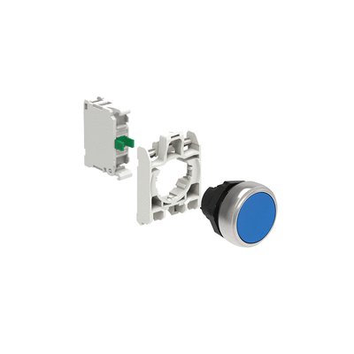 KIT plastic pushbutton actuator, spring return, flush, blue with mounting adapter and 1 contact element, NO. Screw termination