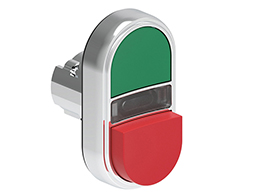 Double-touch actuator, spring return, white indicator Ø22mm Platinum series metal, 1 extended and 1 flush pushbuttons. Both spring return, Green - Red