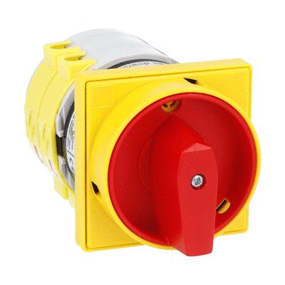 Rotary cam switch 7GN series, ON-OFF switch 3 poles 63A, for front mounting with red/yellow handle padlockable in 0 and protection covers, front plate 65X65mm