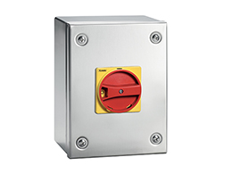 IEC/EN type IP65 stainless steel AISI 304 enclosure switch disconnector, three-pole. With rotating red/yellow handle, 63A. Enclosure dimensions: 150x200x120mm/5.9x7.9x4.7'', PE