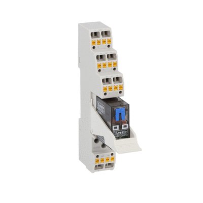 Assembled miniature relay with LED state indicator and mechanical actuator, 24VDC, 8A, 2 C/O contacts. Push-in terminals with retain/release clip.