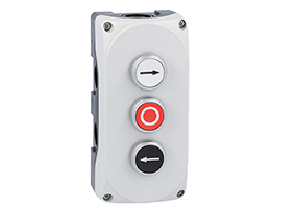 Grey control station LPZP3A8 complete with white flush pushbutton "RIGHT ARROW" LPCB1148 1NO, red flush pushbutton "O" LPCB1104 1NC and black flush pushbutton "LEFT ARROW" LPCB1142 1NO