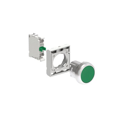 KIT metal pushbutton actuator, spring return, flush, green with mounting adapter and 1 contact element, NO. Screw termination