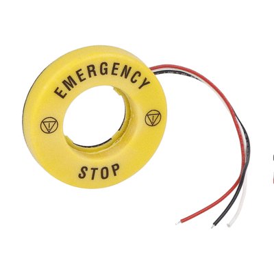 Ø60mm emergency illuminated disk for Ø22mm mushroom buttons, 220…240VAC auxiliary supply, text: "EMERGENCY STOP".
