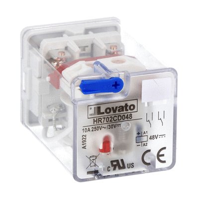 8-PIN Industrial relay with LED state indicator and mechanical actuator, 48VDC, 10A, 2 C/O contacts, fitting on socket HR7XS1