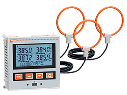Flush-mount LCD multimeter, expandable, backlight icon LCD display, 72X46mm/2.8X1.8”, auxiliary supply 100-440VAC/120-250VDC, front optical port and RS485 ports. Current reading through 3 Rogowski coils included, max current 100A, Ø50mm and cable lenght 2m