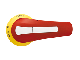 Door-coupling lever handle, padlockable. Red/yellow rotating type with screw fixing on door, 143mm/5.6”; □14mm/0.6”. IEC IP65
