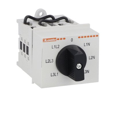 Rotary cam switch GX series, voltmeter switch for phase-neutral and phase-phase voltages 20A, modular service cover for 35mm DIN reail mounting with black handle, front plate 45X54mm