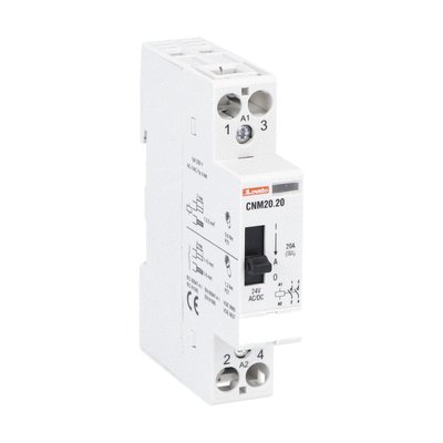 Modular contactor with manual control, one or two-pole, 20A AC1, 12VAC/DC (1NO+1NC)