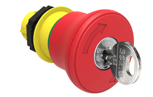 Mushroom head pushbutton actuator Ø22mm Platinum series chromed plastic, latch, turn key to release, Ø40mm. For emergency stopping. ISO 13850. Red. Different key code