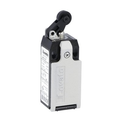 Limit switch, K series, roller centre push lever, 1 bottom cable entry. Dimensions to EN 50047, metal body, contacts 1NO+2NC slow action. Plastic roller