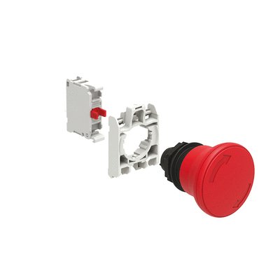 KIT plastic mushroom head pushbutton actuator, latch, turn to release, Ø40mm. For normal stopping. Red with mounting adapter and 1 contact element, NC. Screw termination