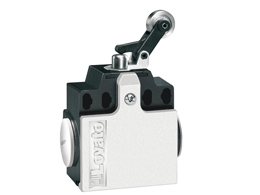 Limit switch, K series, roller side push lever, 2 side cable entry. Dimensions compatible to EN 50047, plastic body, contacts 1NO+1NC snap action. Metal roller